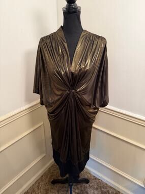 Vintage Denim 24/7 Gold Metallic Draped Mini Dress Shimmering Disco Glam V-Neck